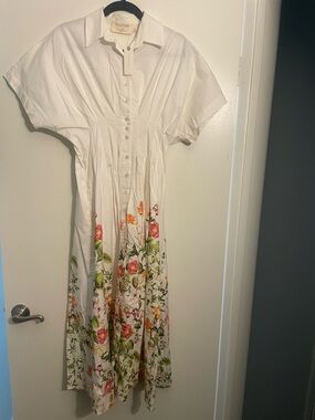 White Floral Button-Front Maxi Dress with Garden Print